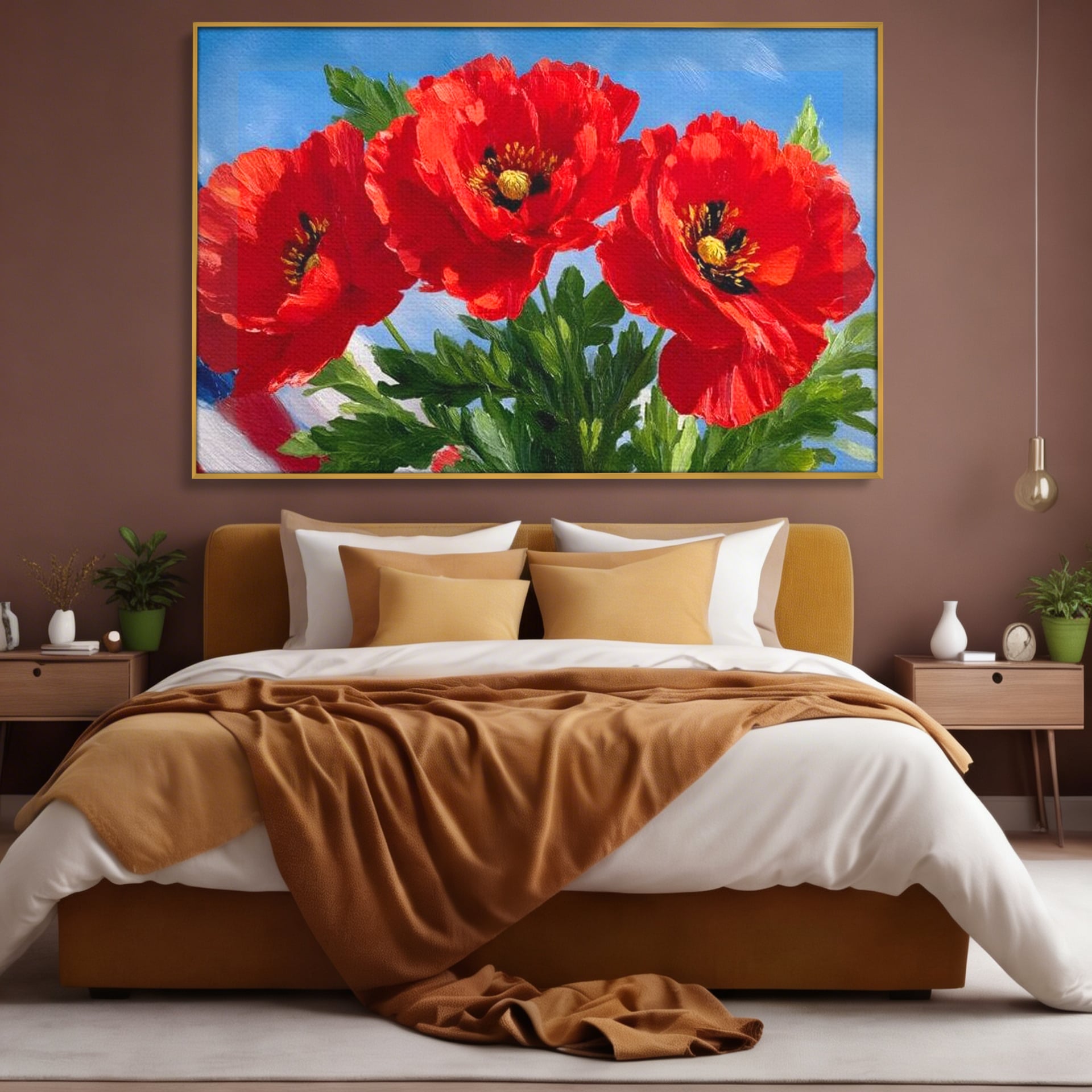 Tablou canvas cu tablou pictura cu trei maci, in rama de aluminiu auriu, pe perete intr-un dormitor